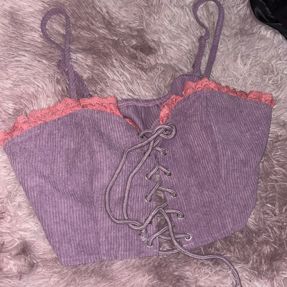 Purple Pink Ribbed Crop Camisole with Tie Front